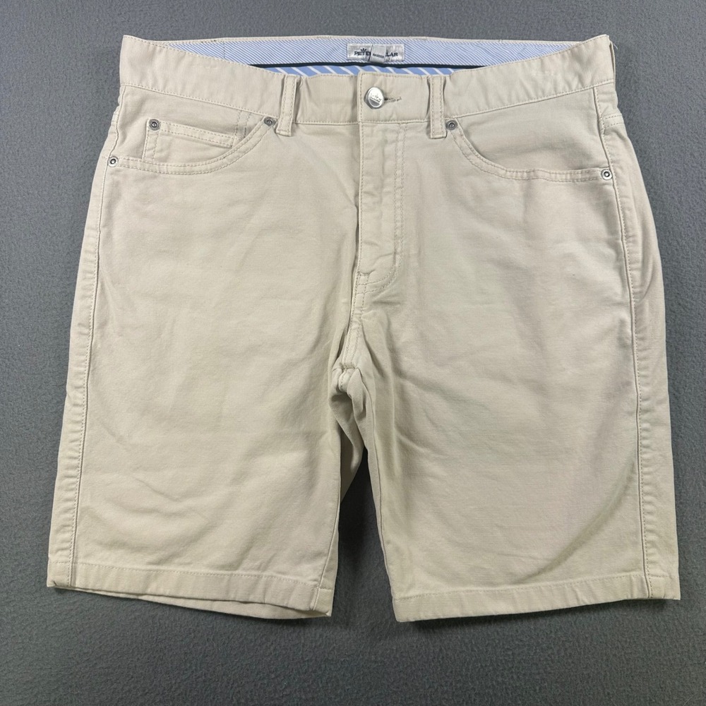 Peter Millar Mens 32 Beige Cotton Blend 5 Pocket Crown Logo Casual Shorts